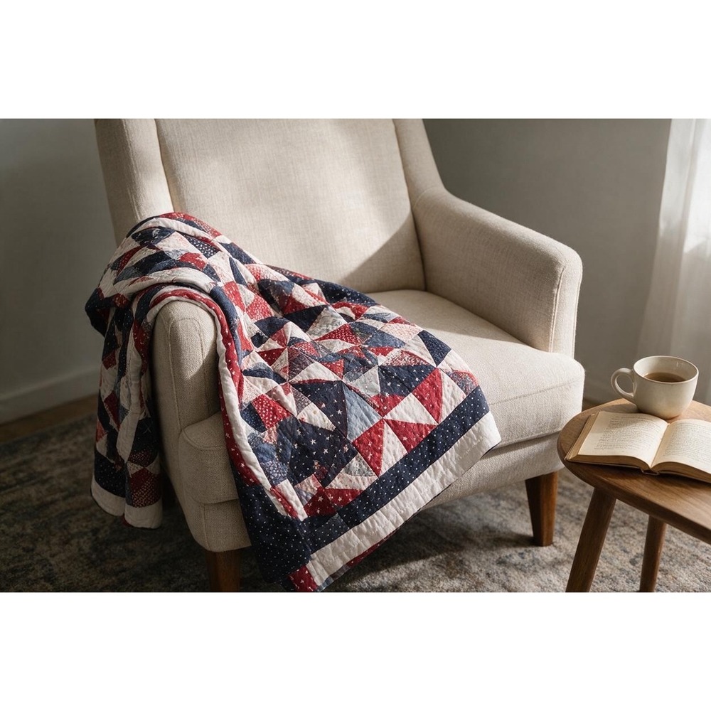 Vintage Americana Patchwork Hand Quilted Lap Blanket Red White Blue 49x39